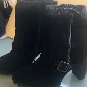 Shoe Dazzle Black Suede Buckle Ankle Booties with Knit Cuff